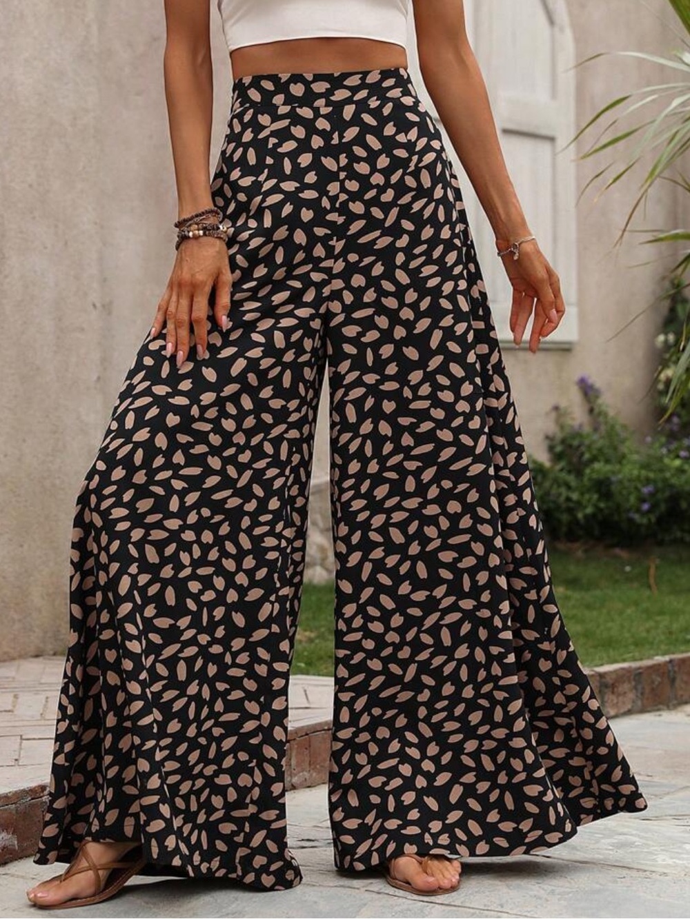 Wide Leg Printed Palazzo Pants - Black/Tan